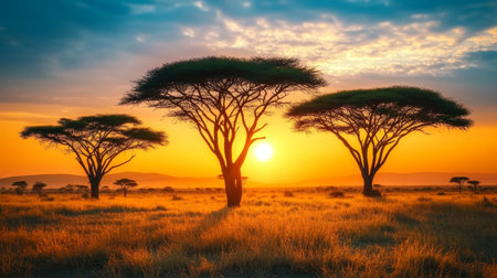 Breathtaking Sunset Over The Serengeti Savanna, Acacia Trees Silhouetted Against Vibrant Orange Skyの素材