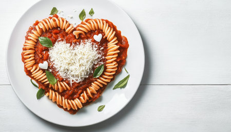 Romantic Valentine Dinner for Two with Heart-Shaped Fusilli in Tomato Sauce, Celebrating Loveの素材