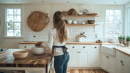 Woman in a modern kitchen preparing delicious food at home, surrounded by natural light and charm.の素材
