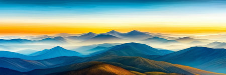 Majestic Mountains Panorama at Dusk with Haze and Golden Light over Autumn Landscape Serenityの素材