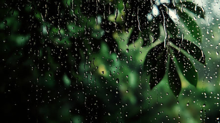 Serene Rainy Day Ambiance with Raindrops on Glass, Capturing a Peaceful and Refreshing Atmosphereの素材