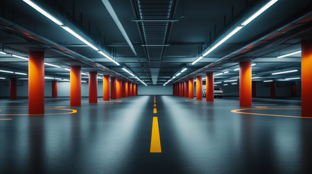 Exploring the Urban Underpass A Modern Parking Garage with Pillars and Dynamic Lighting Effectsの素材