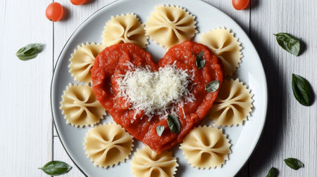 Delicious Romantic Pasta Dish for Valentine s Day with Heart-shaped Presentation and Red Sauceの素材