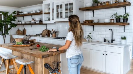 Woman renovates her kitchen with stylish white cabinets and natural wood accents for a modern look.の素材