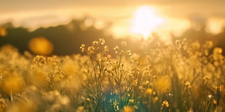 Serene Summer Meadow with Golden Sunset Light Illuminating Yellow Wildflowers in a Tranquil Fieldの素材