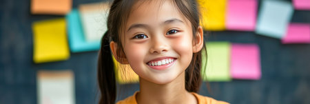 Cheerful Teenager Displaying Enthusiasm and Joy Among Classmates in a Vibrant Classroom Settingの素材