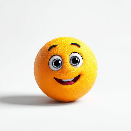 Vibrant 3D Rendering of a Happy Orange Emoji with Big Eyes on a Simple White Backgroundの素材