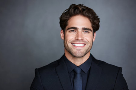 Confident young male professional in dark business suit smiling seriously in gray studio backgroundの素材