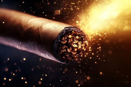 Close-up of a Smoldering Cigar with Glowing Embers and Swirling Smoke on Dark Background in Detailの素材