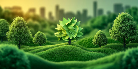 Lush Green Cityscape with Vibrant Trees, Promoting Eco-Friendly Living and Sustainable Future Ideasの素材