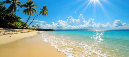 Breathtaking Tropical Beach with Crystal Clear Turquoise Waters and Palm Trees Under Blue Skyの素材