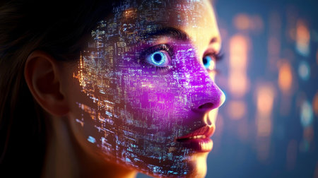 Futuristic Advanced Female Humanoid Face with Digital Network and AI Technology in Sci-Fi Settingの素材