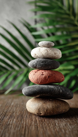 Stone Pebbles Stack Tower Symbolizing Peace, Balance, and Harmony for Yoga and Meditation Practiceの素材