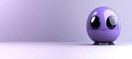 Cheerful 3D Cartoon Character with Large Eyes and Glossy Purple Texture, Ideal for Fun Designsの素材