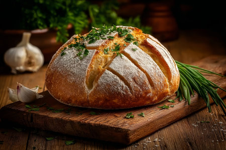 Rustic Baked Goodness A Beautifully Arranged Bread Loaf Coated with Flour and Fragrant Herbsの素材