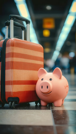 Creative Stock Image of a Piggy Bank and a Suitcase Symbolizing Smart Travel Investment Savings Tipsの素材