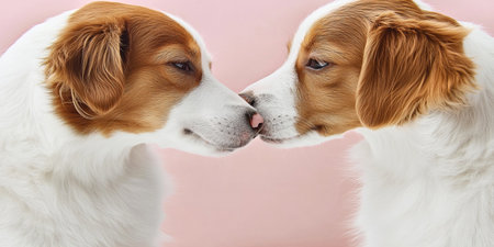 Two Adorable Finnish Spitz Dogs Touching Noses in a Heartwarming Moment of Canine Friendshipの素材