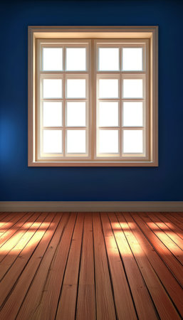 Bright and Airy Minimalist Room with Wooden Flooring, Blue Walls, and Abundant Natural Lightの素材