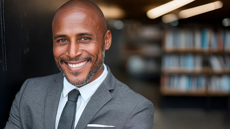 Confident African Businessman with Charming Smile Showcasing Success in Office Settingの素材