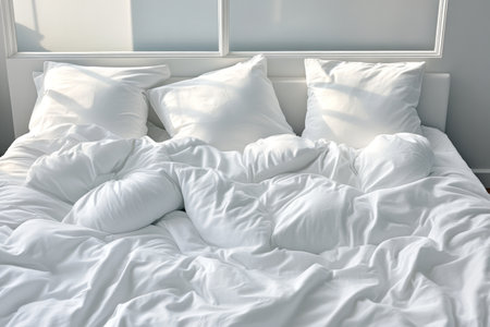 Serene Cozy Morning Scene with Empty Bed, Plush Pillows, Rumpled Sheets, and Soft Natural Lightの素材