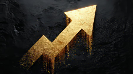 Golden Arrow Implies Growth Business Success in Economy, Shining Textured Upward Trend, Achievementの素材