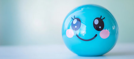 3D Rendered Happy Teal Emoji with Big Eyes on Soft White Background, Perfect for Your Designsの素材
