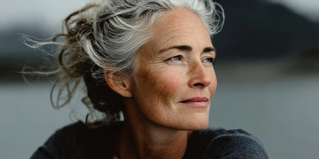 Elegant Senior Woman Embracing Nature s Beauty, Confidently Reflecting on Life s Journey Outdoorsの素材