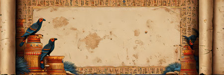 Egyptian Papyrus Stylized Background Border Frame with Ancient Hieroglyphs and Rolling Documents Artの素材