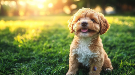 Adorable Cavoodle Puppy Playing Joyfully in Sunlit Yard, Cute Small Dog Enjoying Nature s Beautyの素材