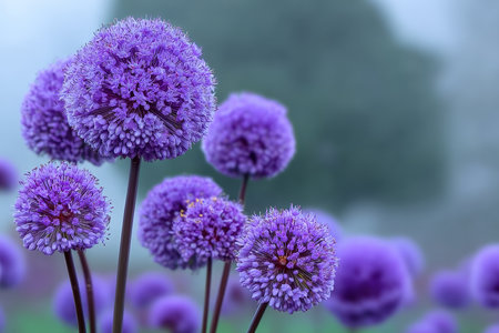 Stunning Allium Garden Bed with Vibrant Purple Globemaster Blooms Surrounded by Lush Green Foliageの素材