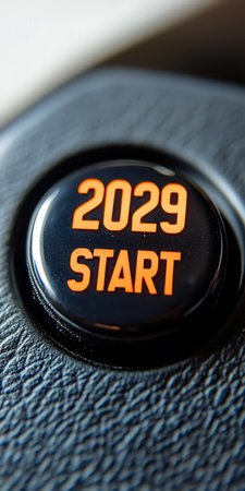 Futuristic Dark Automotive Theme with Illuminated Start Engine Symbol and 2029 Car Technology Designの素材