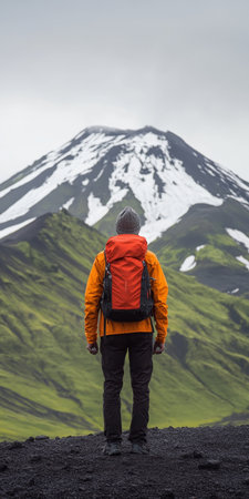 Solitary Hiker Embracing the Breathtaking Panorama of a Volcanic Landscape in Icelandic Natureの素材