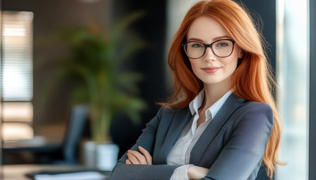 Confident businesswoman with red hair in a stylish office, showcasing ambition and professionalism.の素材