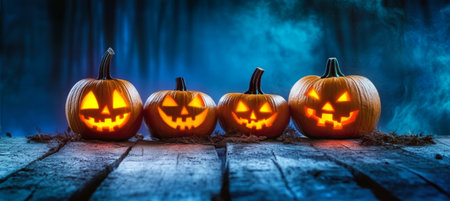Spooky Halloween Night with Glowing Jack-o-Lanterns, Carved Pumpkins, and Foggy Atmosphereの素材