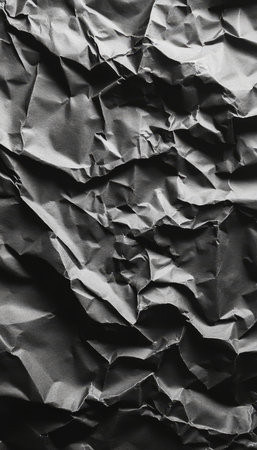 Abstract Detailed Dark Gray Crumpled Craft Paper Featuring Artistic Creases, Textures, and Veinsの素材