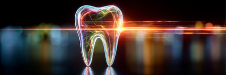 Futuristic dental healthcare with glowing tooth and bokeh, showcasing innovations in dentistry.の素材