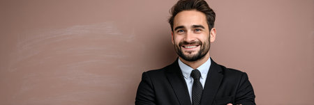 Happy and Attractive Modern Businessman in Elegant Suit Smiling Confidently in Office Settingの素材