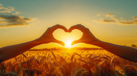 Hands Forming a Heart Shape Against a Golden Sunset Over a Beautiful Field of Sunflowersの素材