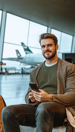 Adult Male Using Smartphone in Airport Terminal with Big Windows While Waiting to Board Flightの素材