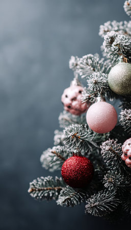 Festively Decorated Christmas Tree with Colorful Ornaments and Frosted Evergreen for Holiday Cheerの素材