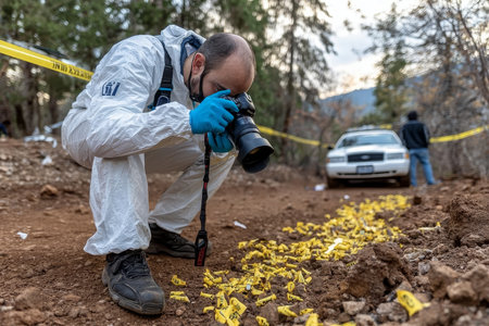 Crime Scene Investigation Expert Documenting Evidence Meticulously in a Rural Forensic Settingの素材