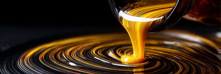 A Mesmerizing Cascade of Liquid Gold Creates Swirling Patterns on a Contrasting Surfaceの素材