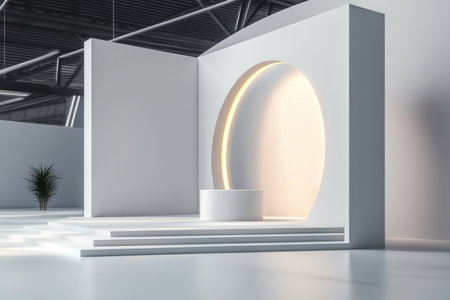 Minimalistic Exhibition Scene Showcasing Modern Stage Designs and Wall Displays in a Gallery Eventの素材