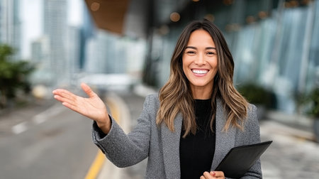 Salesperson Offers Warm Greeting to Visitor in Modern Business Complex Showcasing Expansion Themesの素材