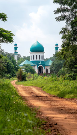 A Stunning View of a National Islamic Mosque Surrounded by Lush Greenery and Scenic Urban Landscapeの素材