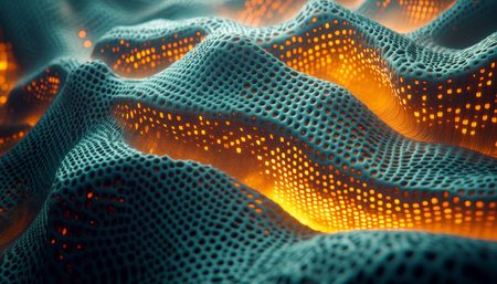 Shimmering digital architecture with abstract geometric patterns and fluid data transfer design.の素材