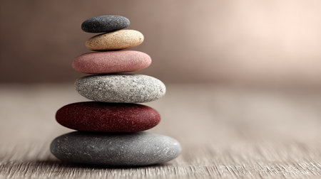 A Tranquil Pile of Smooth Stones Balanced in Perfect Harmony, Symbolizing Stability and Calmnessの素材