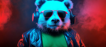 A Cool Neon DJ Party Panda Rockstar in Leather Jacket Surrounded by Purple and Red Fog at Clubの素材