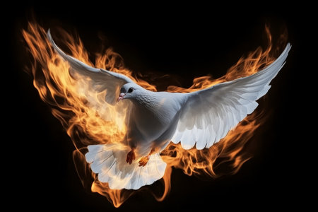 Dove With Fiery Wings and Dynamic Flames on a Black Backdrop, Symbolizing Renewal and Innocence.の素材