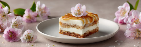 Delicious Salted Caramel Cake Elegantly Presented on a Plate with Drizzled Glaze and Floral Garnishの素材